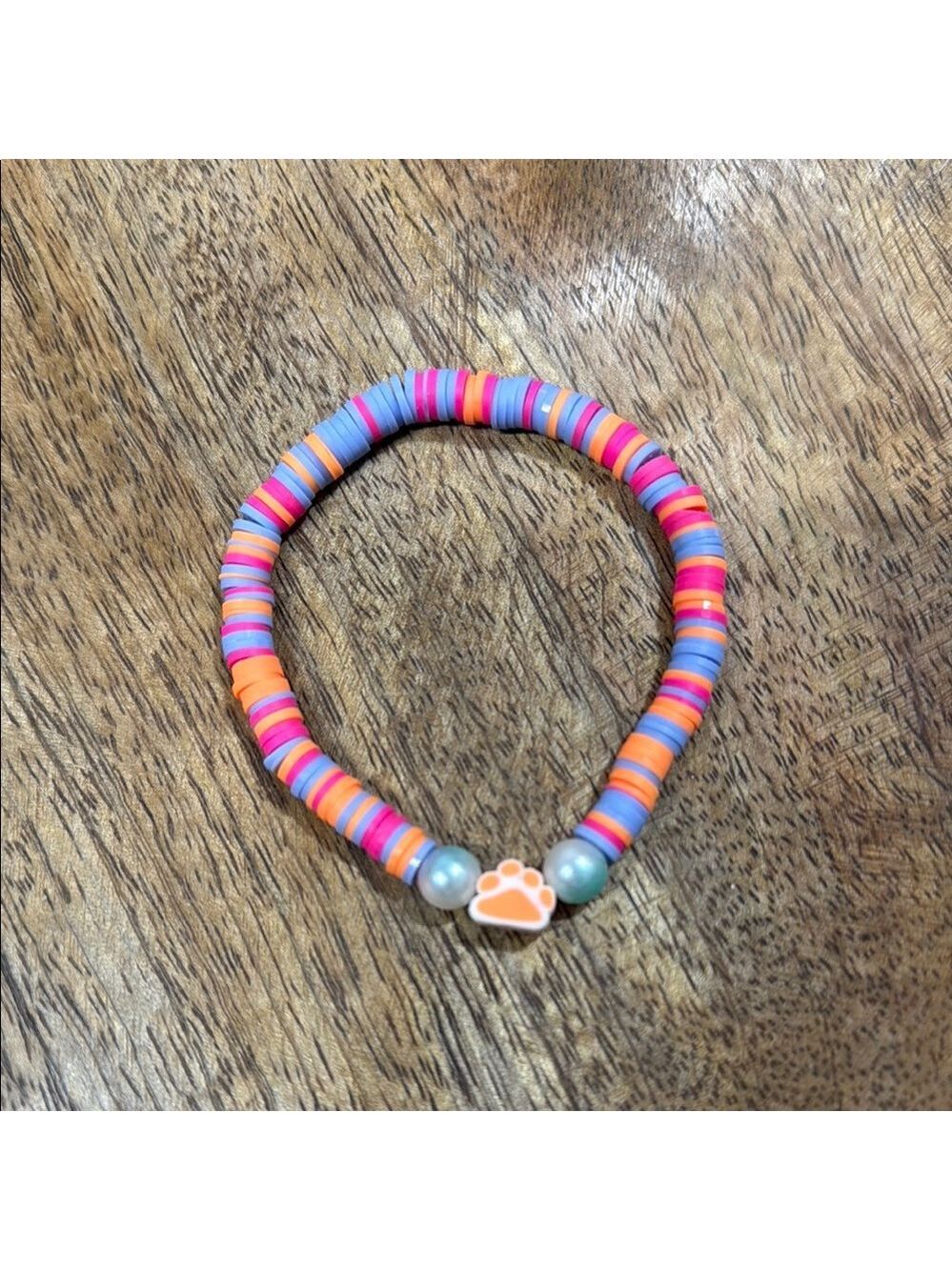 Handmade Pink and Orange Beaded Bracelet with Dog Paw Charm. Pet Animal